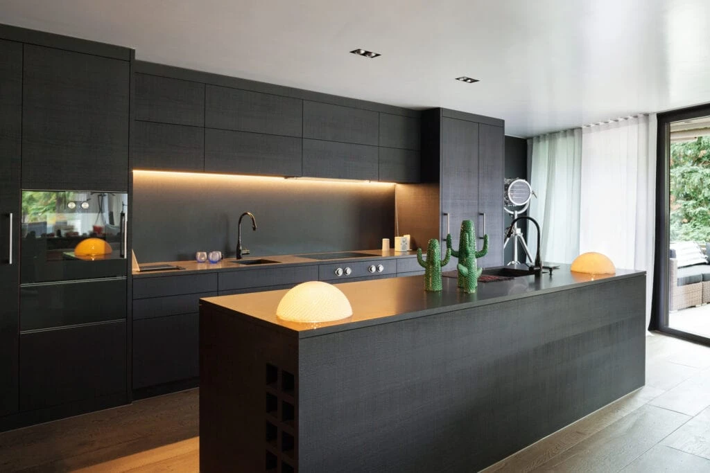 Black kitchen with countertops