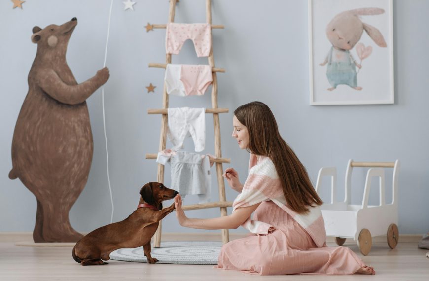 pregnant woman sitting with her dachshund in a blue-painted nursery